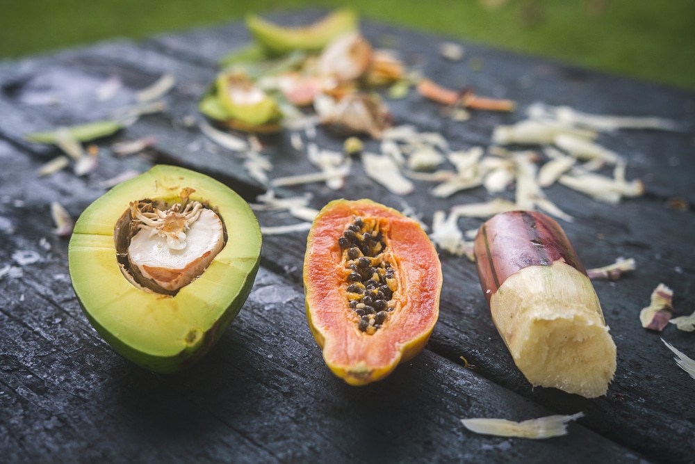 Harvest Maui: Avocado, papaya and sugar cane cut open.
