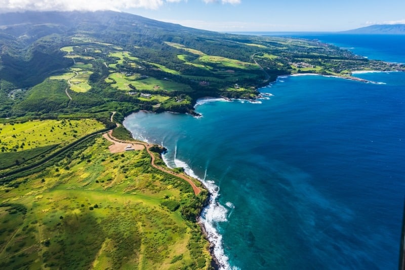 Which Island to Visit in Hawaii: An aerial view of the beautiful Maui coastline.